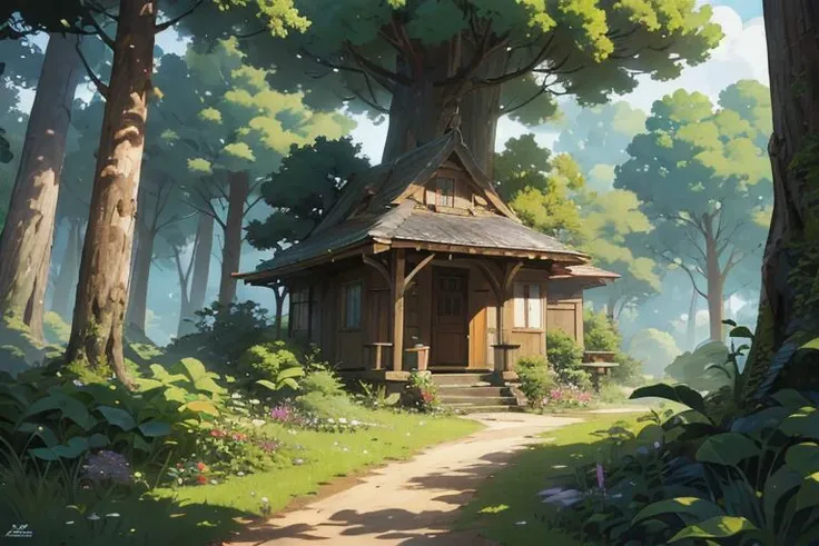 hidden watch tower, surrounded by large trees, ancient road, jungle ,composition components, studio ghibli anime, anime illustration,((detailed composition)),((beautiful)),(((best quality, masterpiece))),(((clear texture))),(((detailed texture)))
