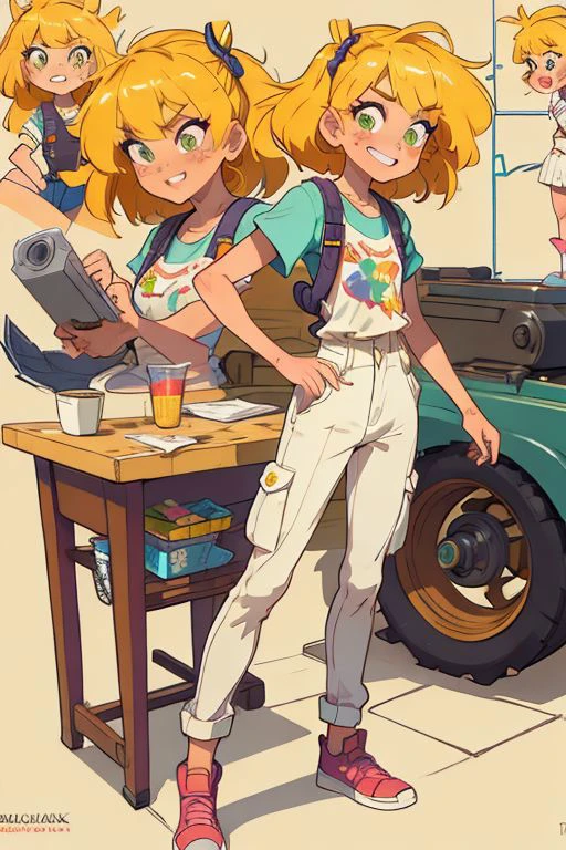 (full body), (charactersheet), (multiple views, full body, upper body, reference sheet), BREAK
1girl, (goldie_blox), green eyes, freckles, solo, beautiful face, delicate and detailed anime body, correct anatomy, BREAK
shirt, pants, sneakers, paint stained, wrench in hand, BREAK
(masterpiece, best quality), (absurdres:1.2), (ultra detailed, 8K, ultra highres:1.2), (bokeh, sharp focus, depth of field), full body, BREAK
sexy, happy, playful, seductive, cute, consistent, colorful, smiling, grin, BREAK
garage, work table