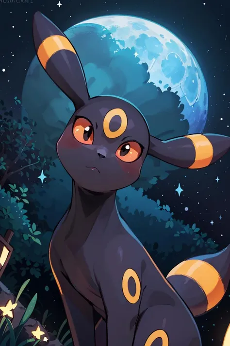 centered, award winning photo, (looking at viewer:1.2), |  Umbreon_Pokemon, |starry night, moon, blue theme, | bokeh, depth of field, cinematic composition, | <lora:Umbreon_Pokemon_Anime:0.8>