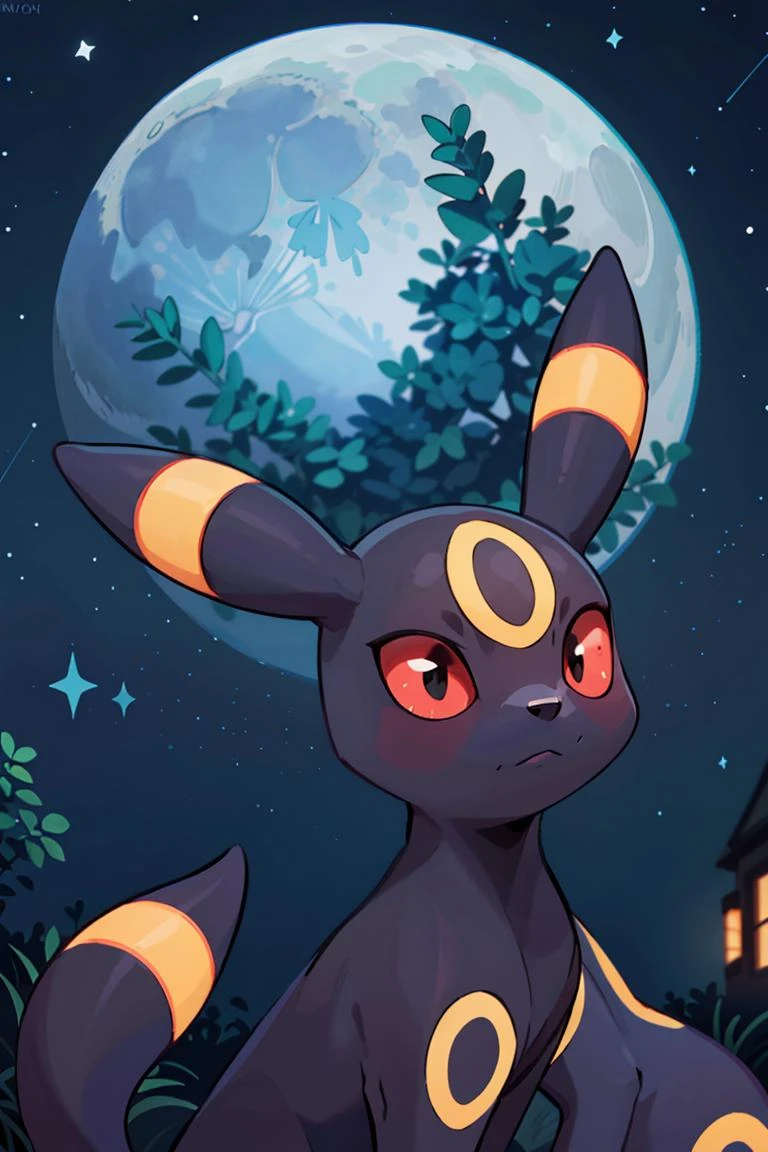 centered, award winning photo, (looking at viewer:1.2), | Umbreon_Pokemon, |starry night, moon, blue theme, | bokeh, depth of field, cinematic composition, | <lora:Umbreon_Pokemon_Anime:0.8>
