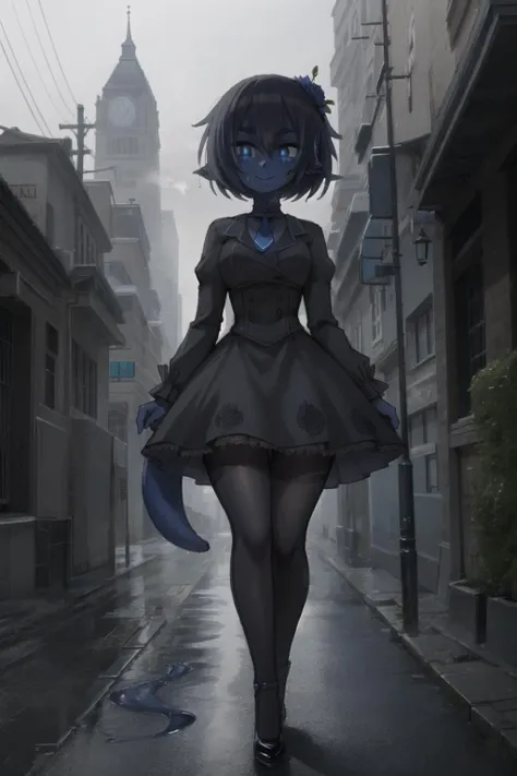 (((1girl, solo))), (blue skin), colored skin, masterpiece, best quality, Smouldie, short hair, (tail:1.2), blue tie, black victorian dress, (pantyhose), outdoors, steampunk, Victorian, city, smog, gray sky, wet floor, puddle, pavement, smile, looking away <lora:Smolder_101:0.9>