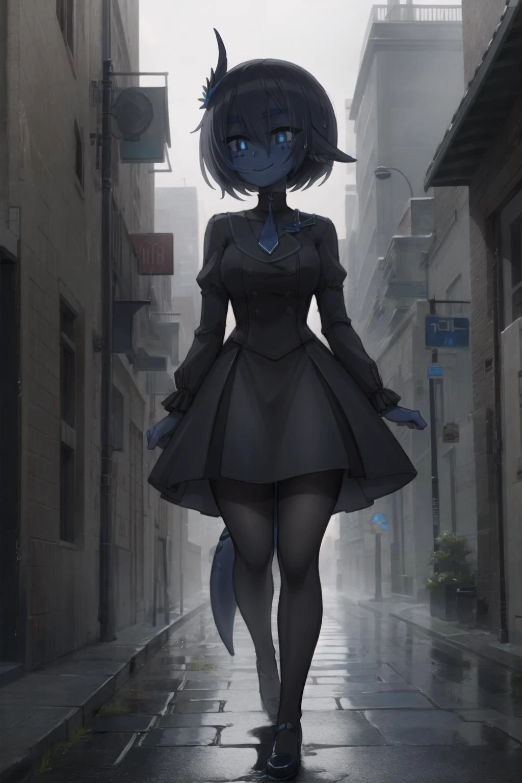 (((1girl, solo))), (blue skin), colored skin, masterpiece, best quality, Smouldie, short hair, (tail:1.2), blue tie, black victorian dress, (pantyhose), outdoors, steampunk, Victorian, city, smog, gray sky, wet floor, puddle, pavement, smile, looking away <lora:Smolder_101:0.9>