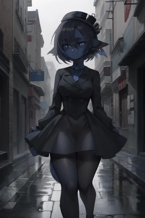 (((1girl, solo))), (blue skin), colored skin, masterpiece, best quality, Smouldie, short hair, (tail:1.2), blue tie, black victorian dress, (pantyhose), outdoors, steampunk, Victorian, city, smog, gray sky, wet floor, puddle, pavement, smile, looking away <lora:Smolder_101:0.9>