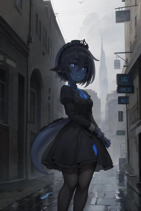 (((1girl, solo))), (blue skin), colored skin, masterpiece, best quality, Smouldie, short hair, (tail:1.2), black victorian dress, (pantyhose), black headdress, outdoors, steampunk, Victorian, city, smog, gray sky, wet floor, puddle, pavement, smile, looking away <lora:Smolder_101:0.9>