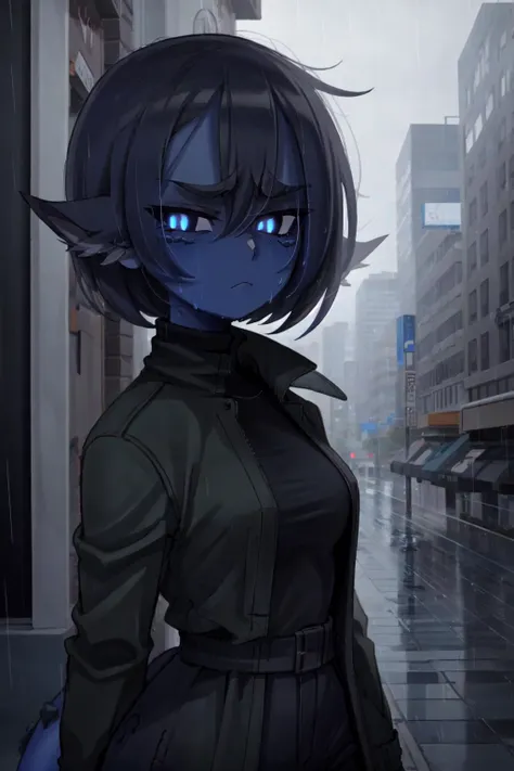 ((1girl, solo)), (blue skin), colored skin, masterpiece, best quality, glowing eyes, Smouldie, short hair, (tail:1.1) <lora:Smolder1_1:0.9>, black trenchcoat, black sweater, turtleneck sweater, black cargo pants, black gloves, fingerless gloves, outdoors, (night), upper body, (rain, raining), looking at viewer, squinting, frown, city, urban, pavement, dark