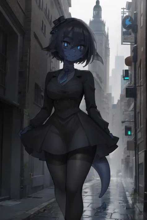 (((1girl, solo))), (blue skin), colored skin, masterpiece, best quality, Smouldie, short hair, (tail:1.2), blue tie, black victorian dress, (pantyhose), outdoors, steampunk, Victorian, city, smog, gray sky, wet floor, puddle, pavement, smile, looking away <lora:Smolder_101:0.9>