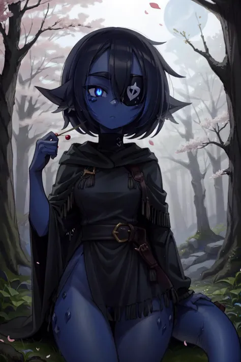 ((1girl, solo)), (blue skin), colored skin, masterpiece, best quality, glowing eyes, Smouldie, short hair, (tail:1.1) <lora:Smolder1_1:0.9>, poncho, (black poncho), (night), forest, falling leaves, cherry blossoms, dappled moonlight, expressionless, ((eyepatch, black eyepatch)),