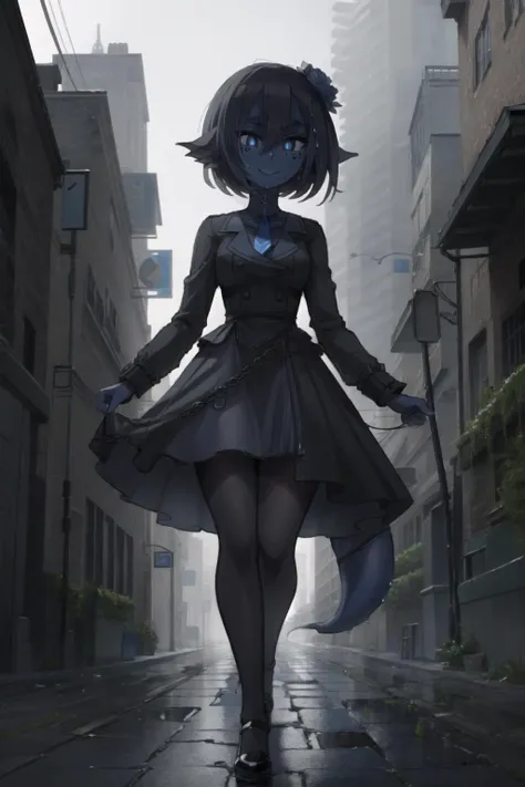 (((1girl, solo))), (blue skin), colored skin, masterpiece, best quality, Smouldie, short hair, (tail:1.2), blue tie, black victorian dress, (pantyhose), outdoors, steampunk, Victorian, city, smog, gray sky, wet floor, puddle, pavement, smile, looking away <lora:Smolder_101:0.9>