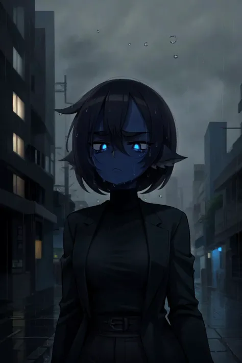 ((1girl, solo)), (blue skin), colored skin, masterpiece, best quality, glowing eyes, Smouldie, short hair, (tail:1.1) <lora:Smolder1_1:0.9>, black trenchcoat, black sweater, turtleneck sweater, black cargo pants, black gloves, fingerless gloves, outdoors, (night), upper body, (rain, raining), looking away, squinting, frown, city, urban, pavement, dark