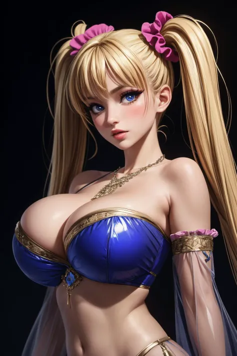 (ultra realistic,32k,RAW photo:1.1),(high detailed skin:1.1), 8k uhd, dslr, high quality, film grain,(makeup, mascara:1.1), lips,(thick\lips\), 
(shiny glossy translucent clothing:1.1), <lora:AiriAkizukiV1:0.5>akizuki airi, 1girl, blonde_hair, (blue_eyes:0.9), blush, breasts, bush, hair_ornament, hair_scrunchie, long_hair, scrunchie, solo, twintails, (<lora:OutfitThavernarV1:0.5>dancer, bandeau, pelvic curtain, detached sleeves,halterneck necklace,cross-laced:0.9), <lora:add_detail:0.89>, huge breast, 
(looking at viewer, portrait:1.1),,
 (busty:1.1) ,  (chubby:0.1),(lighting:1.1),<lora:LowRA:0.4>, dark theme,  blank background
