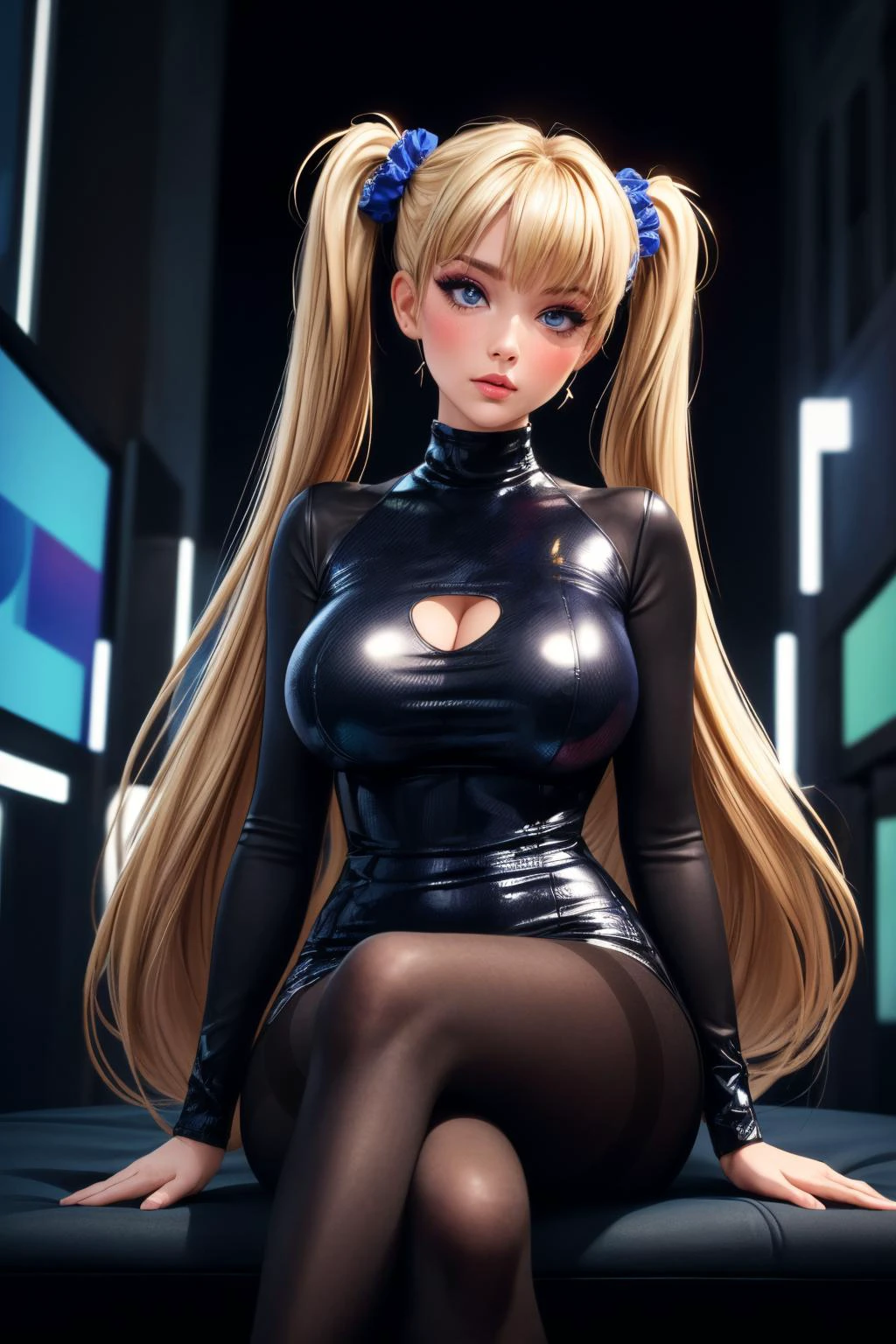 (ultra realistic,32k,RAW photo:1.1),(high detailed skin:1.1), 8k uhd, dslr, high quality, film grain,(makeup, mascara:1.1), lips,(thick\lips\),
(shiny glossy translucent clothing:1.1), <lora:AiriAkizukiV1:0.5>akizuki airi, 1girl, blonde_hair, (blue_eyes:0.9), blush, breasts, bush, hair_ornament, hair_scrunchie, long_hair, scrunchie, solo, twintails, ((long slevees, turtleneck dress, (short dress:1.1),(pantyhose:1.2):1.1) ,:0.9), <lora:add_detail:0.86>, huge breast,
(looking at viewer, sitting, crossed legs:1.1),,
(busty:1.1) , (chubby:0.1),(radiant:1.1),<lora:LowRA:0.4>, dark theme, holographic advertising plaza, immersive holographic advertisements, interactive brand experiences, sensory overload