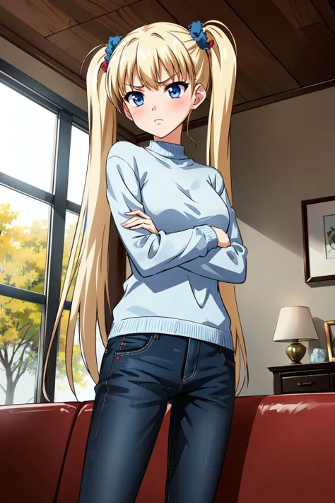 masterpiece, best quality, solo, 1girl, detailed eyes, detailed hands, detailed lighting, highres, blush, angry, inside, window, carpet, couch, arms crossed,
<lora:add_detail:0.3>
<lora:CosmicEyes:0.3>, blue eyes,
<lora:EraseGroinSkirt:0.4>
<lora:AiriAkizukiV1:0.7>  , blonde hair, blue eyes, blush, breasts, frown, hair scrunchie, long hair, long sleeves, blue sweater, denim pants, twin tails, medium breasts,