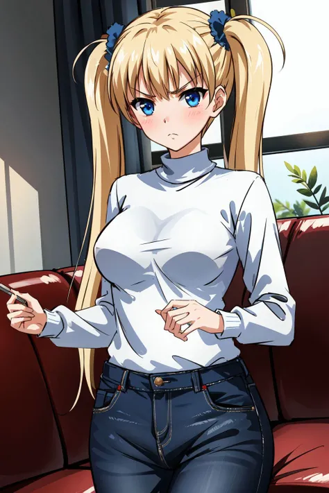 masterpiece, best quality, solo, 1girl, detailed eyes, detailed hands, detailed lighting, highres, blush, angry, inside, table, window, carpet, couch,
<lora:add_detail:0.3>
<lora:CosmicEyes:0.3>, blue eyes,
<lora:EraseGroinSkirt:0.4>
<lora:AiriAkizukiV1:0.7> , blonde hair, blue eyes, blush, breasts, frown, hair scrunchie, long hair, long sleeves, blue sweater, denim pants, twin tails, medium breasts,