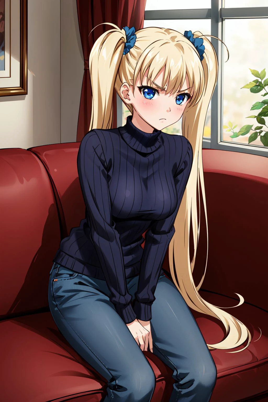 masterpiece, best quality, solo, 1girl, detailed eyes, detailed hands, detailed lighting, highres, blush, angry, inside, window, carpet, couch, arms crossed,
<lora:add_detail:0.3>
<lora:CosmicEyes:0.3>, blue eyes,
<lora:EraseGroinSkirt:0.4>
<lora:AiriAkizukiV1:0.7> , blonde hair, blue eyes, blush, breasts, frown, hair scrunchie, long hair, long sleeves, blue sweater, denim pants, twin tails, medium breasts,