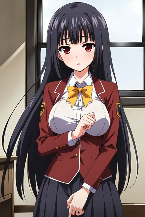 masterpiece, best quality, solo, 1 girl, detailed hands, detailed lighting, highres,
<lora:add_detail:0.3>
<lora:CosmicEyes:0.4>,
<lora:Mikami YukaV1:0.7> , mikami yuka, red eyes, black hair, long hair, yellow bowtie, school uniform, plaited skirt, large breasts, red blazer, checkered skirt,