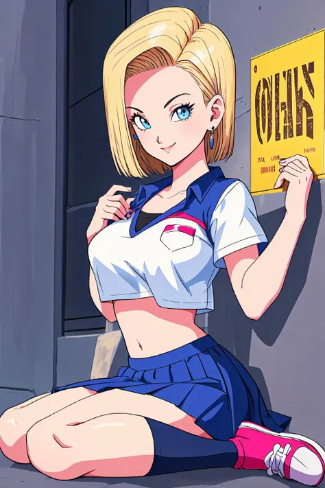 1girl, android 18, solo, blonde hair, blue eyes, skirt, sitting, jewelry, short hair, earrings, socks, breasts, shoes, looking at viewer, crop top, midriff, smile, large breasts, <lyco:ToriyamaStylev2-step00003000:1.0>