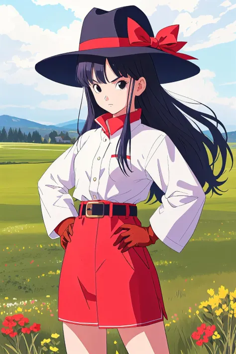 1girl, solo, gloves, long hair, black hair, hand on hip, looking at viewer, hat, belt, standing, long sleeves, black eyes, serious, meadow background, <lora:ToriyamaStylev2:1.0>