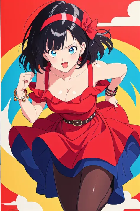 looking at viewer, large breasts, cowboy shot, solo, black hair, pantyhose, dress, hairband, boots, blue eyes, short hair, belt, open mouth, jewelry, bracelet, clenched hands, <lora:ToriyamaStylev2:1.0>