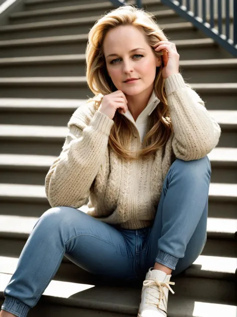 (ultrasharp detail, award winning:1.2), (cinematic blockbuster, insanely detailed:1.3), 16K, RAW, HHunt, pretty face, sitting on steps, jeans, sweater pulled over hands, <lora:HiHelenRS:1>