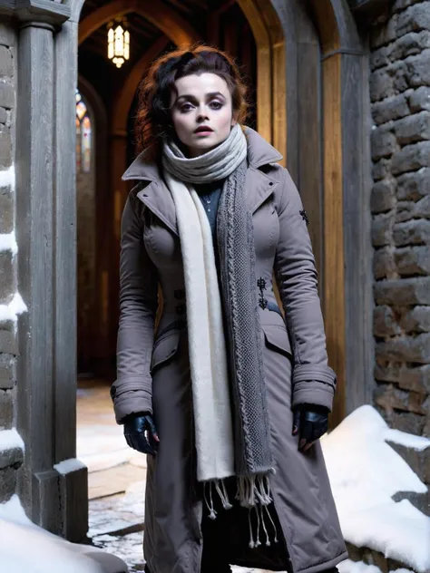 (ultrasharp detail, award winning:1.2), (cinematic blockbuster, insanely detailed:1.3), 16K, RAW, HBCarter, pretty face, puffy coat, turtleneck sweater, thick scarf, snow pants, standing in a dilapidated church, goth, gloomy, dark stone walls, <lora:HiHelen:1>