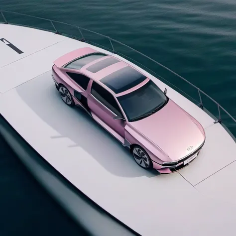 a photo from top of hyundai vision pink car over a boat <lora:hyundai_vision:1>