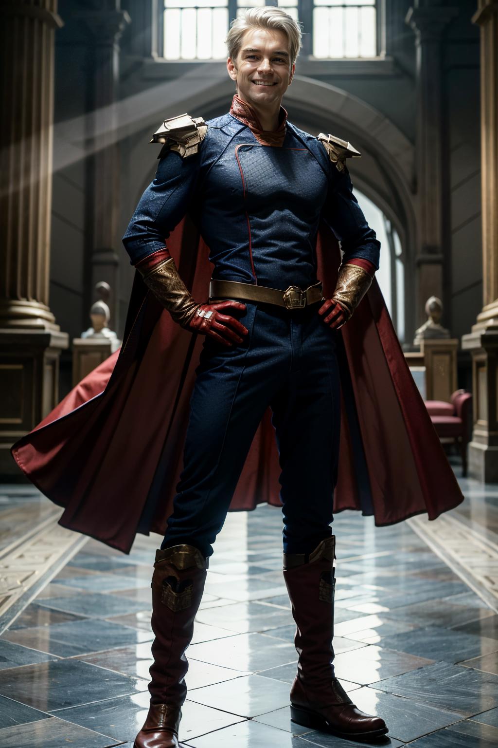 A man in a red cape and blue shirt standing in a hall - SeaArt AI