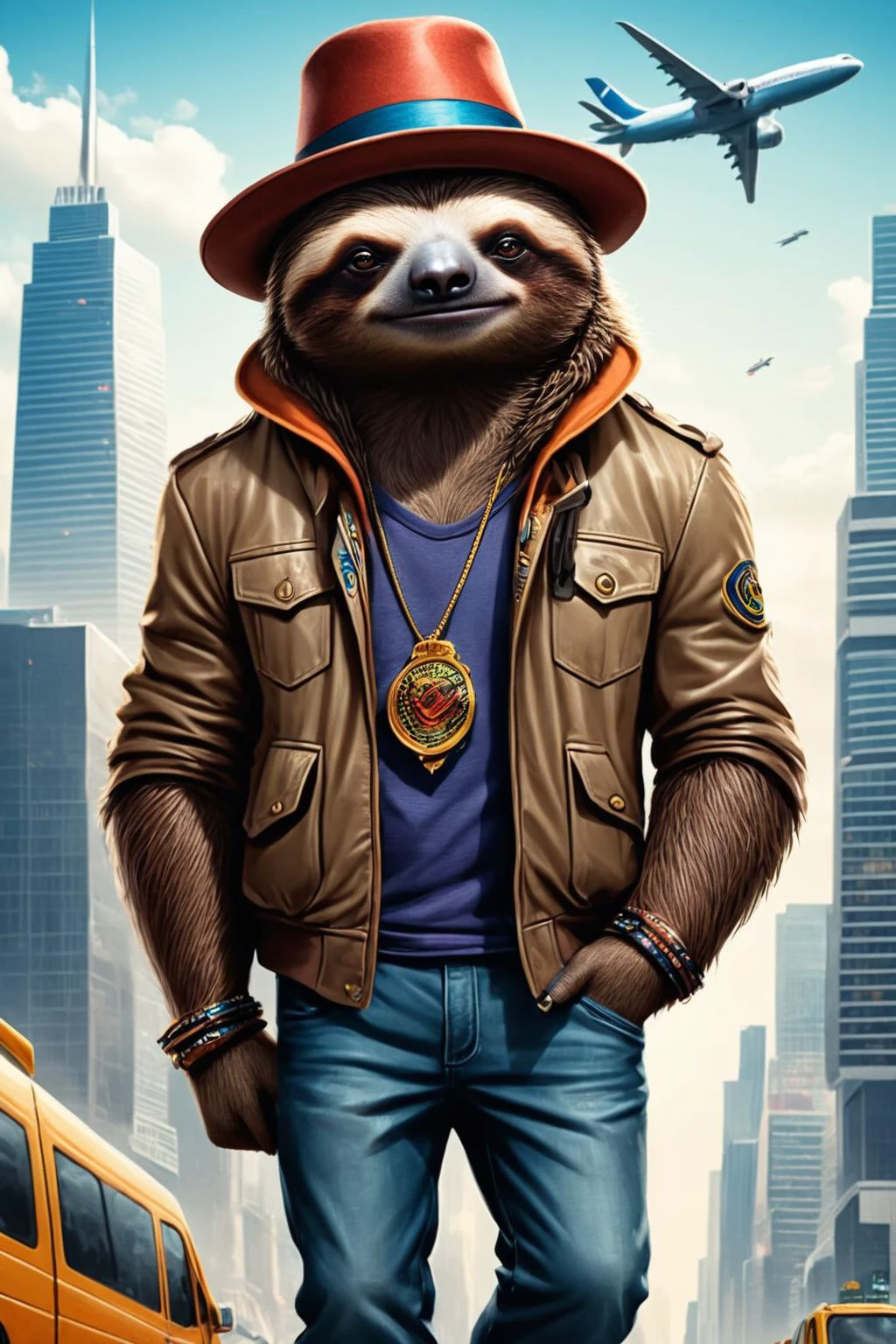 Detailed digital illustration of an anthro Sloth (Holding a hat stylishly) at a Megacity skyline with air traffic congestion, <lora:xl_more_art-full_v1:0.5>, <lora:anthro_muscular:0.7> , <lora:madpunk:0.4> madpunk