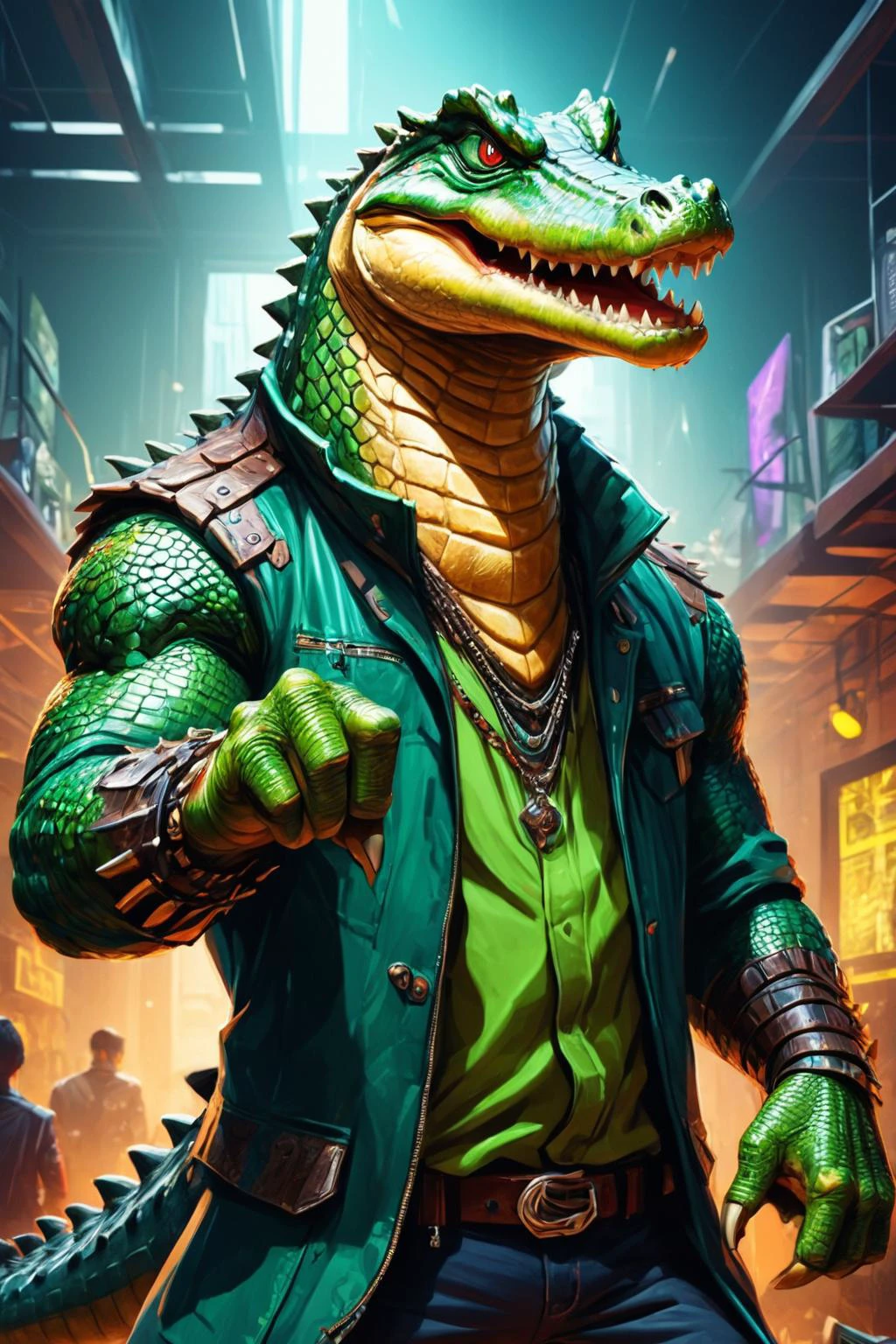 Detailed digital illustration of an anthro Crocodile (Pointing upward, aspirational direction) at a Virtual reality hacker den with chaotic interfaces, <lora:xl_more_art-full_v1:0.5>, <lora:anthro_muscular:0.7> , <lora:madpunk:0.4> madpunk