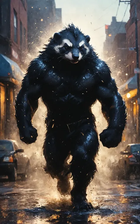 RAW photo of an anthro honey badger (Tossing hair back, carefree attitude) at aRain-soaked streets with glowing manhole covers, super detail, ultra-realism, <lora:xl_more_art-full_v1:0.3>, <lora:anthro_muscular:0.7>, <lora:bl4ckl1ghtxl:0.7> bl4ckl1ghtxl, <lora:Desolation:0.7>, horror