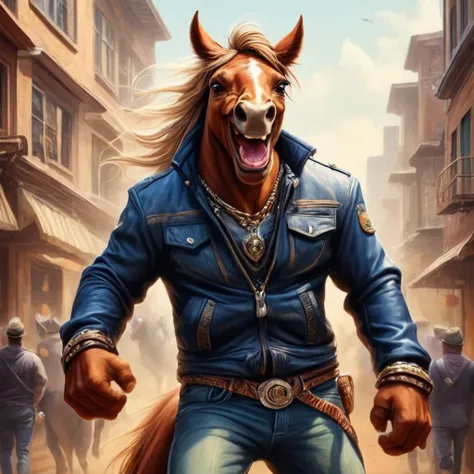 ultra-fine digital painting of a <lora:anthro_muscular:0.7> anthro Horse (Laughing openly, genuine happiness) at Psychic agents investigating interdimensional threats,  super detail, ultra-realism, <lora:xl_more_art-full_v1:0.3>,  <lora:madpunk:0.6>  madpunk