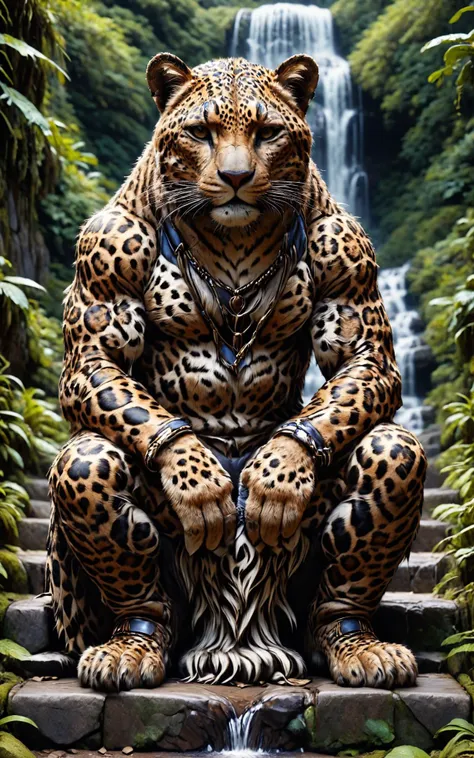 RAW photo of an anthro Leopard (Sitting gracefully on steps) at aCelestial waterfall in moonlit valley,  super detail, ultra-realism, <lora:xl_more_art-full_v1:0.3>, <lora:anthro_muscular:0.7>, <lora:Old_Style_SDXL:0.7> ais-olde, <lora:cine:0.7> cin3