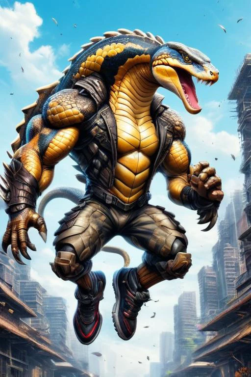 ultra-fine digital painting of a madpunk muscular <lora:anthro_muscular:0.7> anthro Python (Jumping mid-air, expressing joy) at Artificial intelligence ruling over biodome, super detail, ultra-realism, <lora:xl_more_art-full_v1:0.3>, <lora:madpunk:0.6> , <lora:IPXL_v8:0.7> inkpunk style
