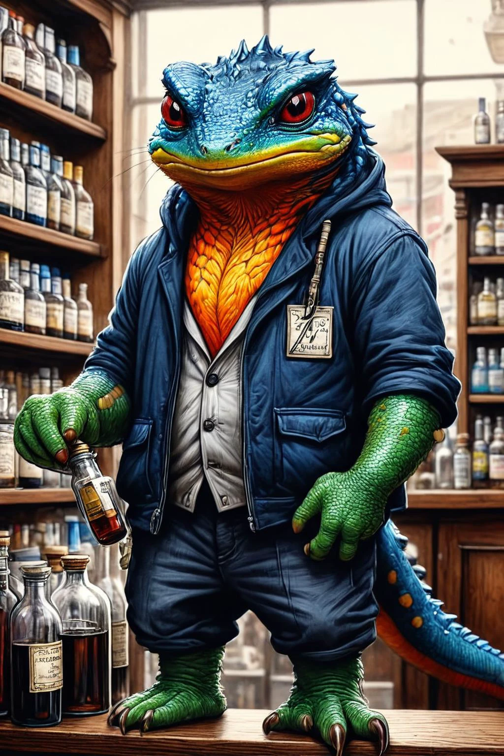 RAW photo of a anthro Newt at Victorian pharmacy lined with glass bottles, super detail, ultra-realism, <lora:xl_more_art-full_v1:0.3>, <lora:InkArtXL_1.2:0.7> ink art, line art, <lora:anthro_muscular:1>, <lora:Graffiti_SDXL:0.5> ais-graffiti