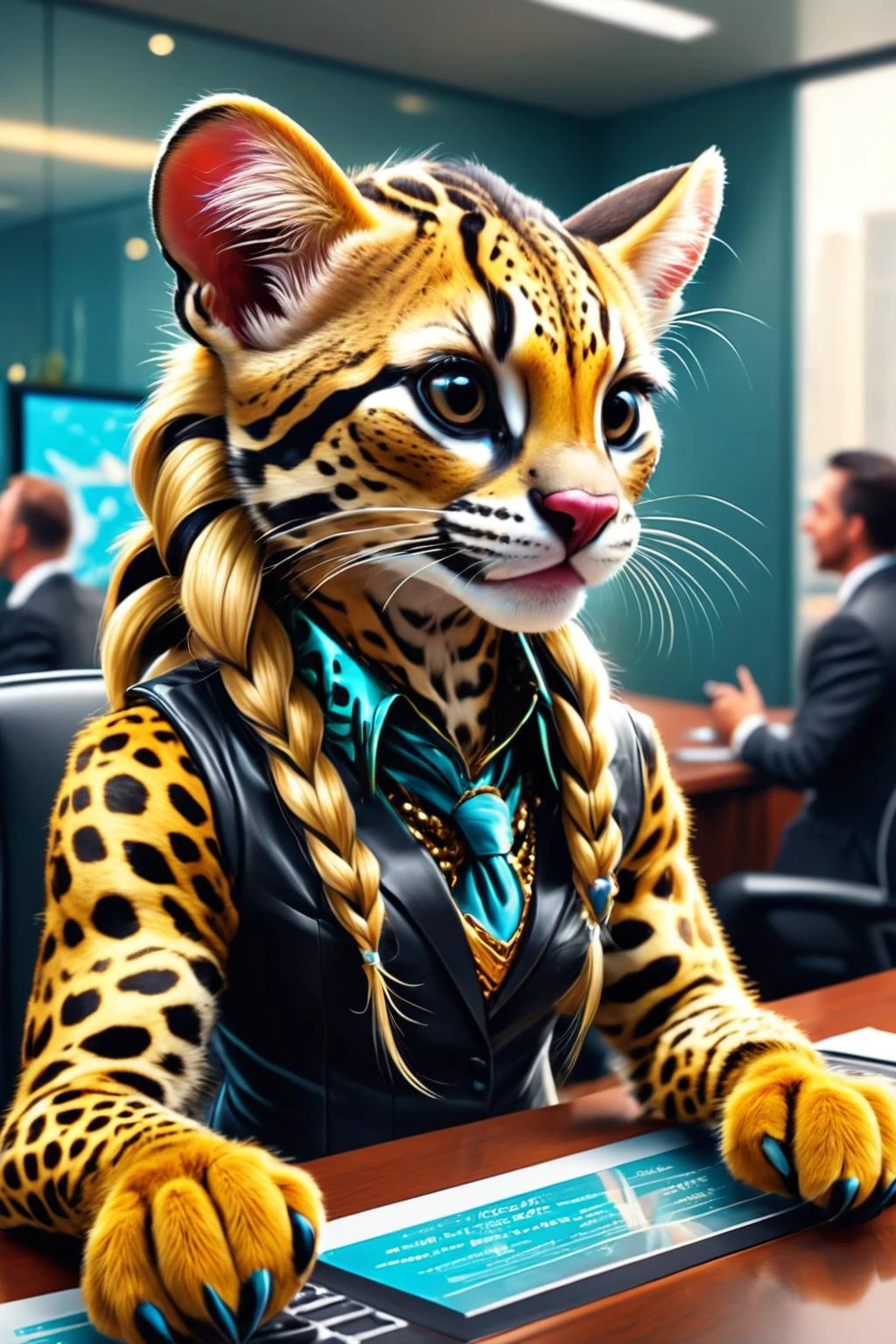 Detailed digital illustration of an anthro Ocelot (Playing with hair, exuding playfulness) at a Corporate boardroom with holographic presentations, <lora:xl_more_art-full_v1:0.5>, <lora:anthro_muscular:0.7>, <lora:MJ52:0.6>, <lora:madpunk:0.4> madpunk