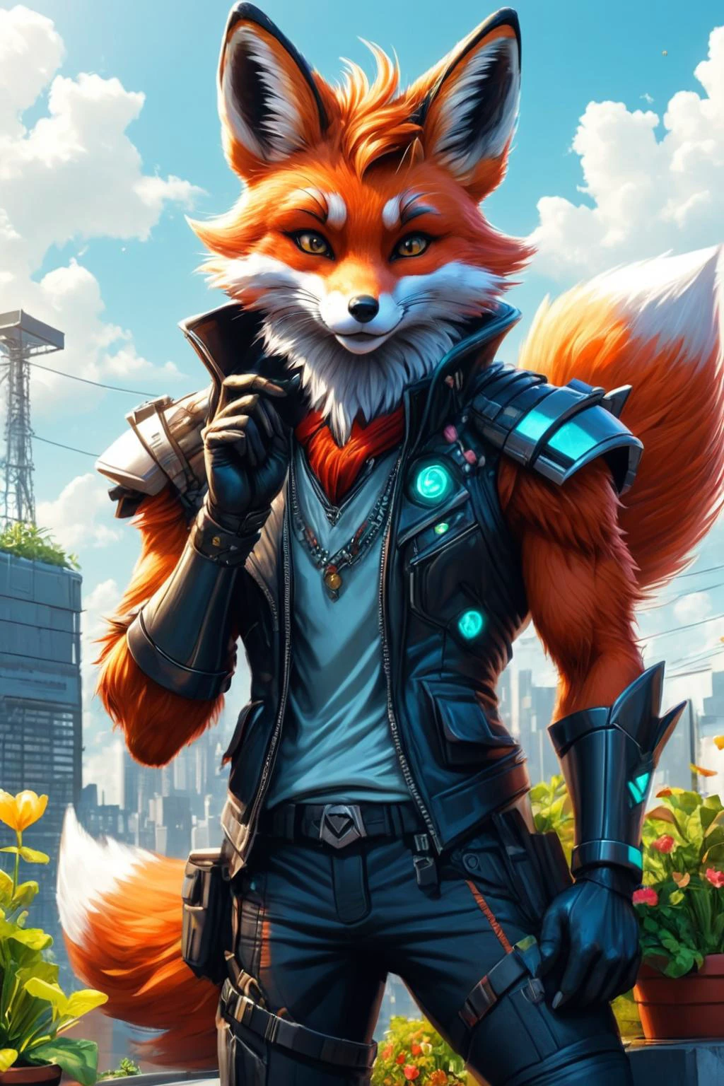 Detailed digital illustration of an anthro Fox (Blowing a kiss, sweet gesture) at a Cyberpunk rooftop garden with solar panels, <lora:xl_more_art-full_v1:0.5>, <lora:anthro_muscular:0.7> , <lora:madpunk:0.4> madpunk