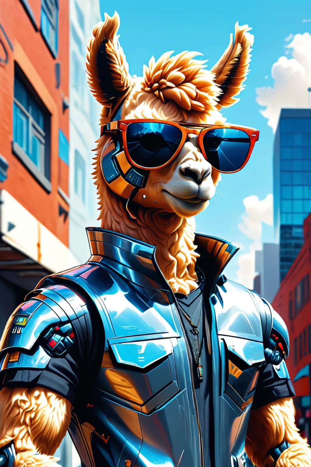 Detailed digital illustration of an anthro Alpaca cyborg (Wearing sunglasses, radiating cool confidence) at a Augmented reality street art covering buildings, <lora:xl_more_art-full_v1:0.5>, <lora:anthro_muscular:0.7>, <lora:MJ52:0.6>, <lora:just_another_Cyborg_LoRa_SDXL:0.7> c1bo