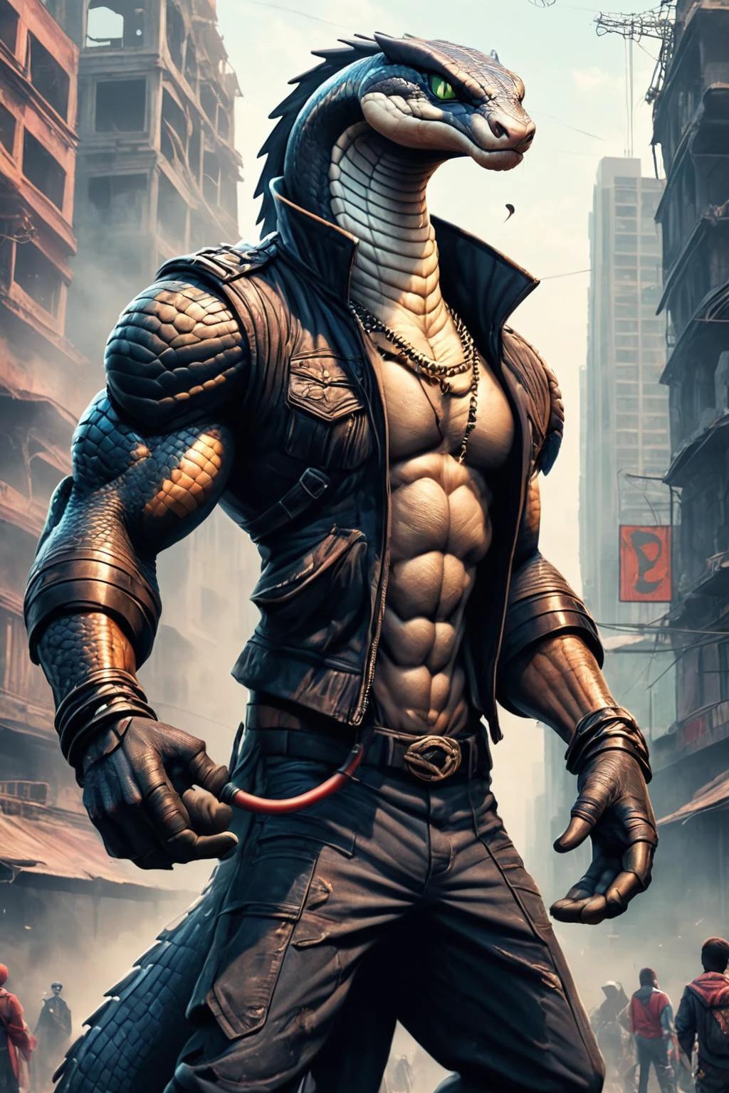 Detailed digital illustration of an anthro Cobra (Dancing with carefree abandon) at a Dystopian cityscape with massive pollution, <lora:xl_more_art-full_v1:0.5>, <lora:anthro_muscular:0.7> , <lora:madpunk:0.4> madpunk