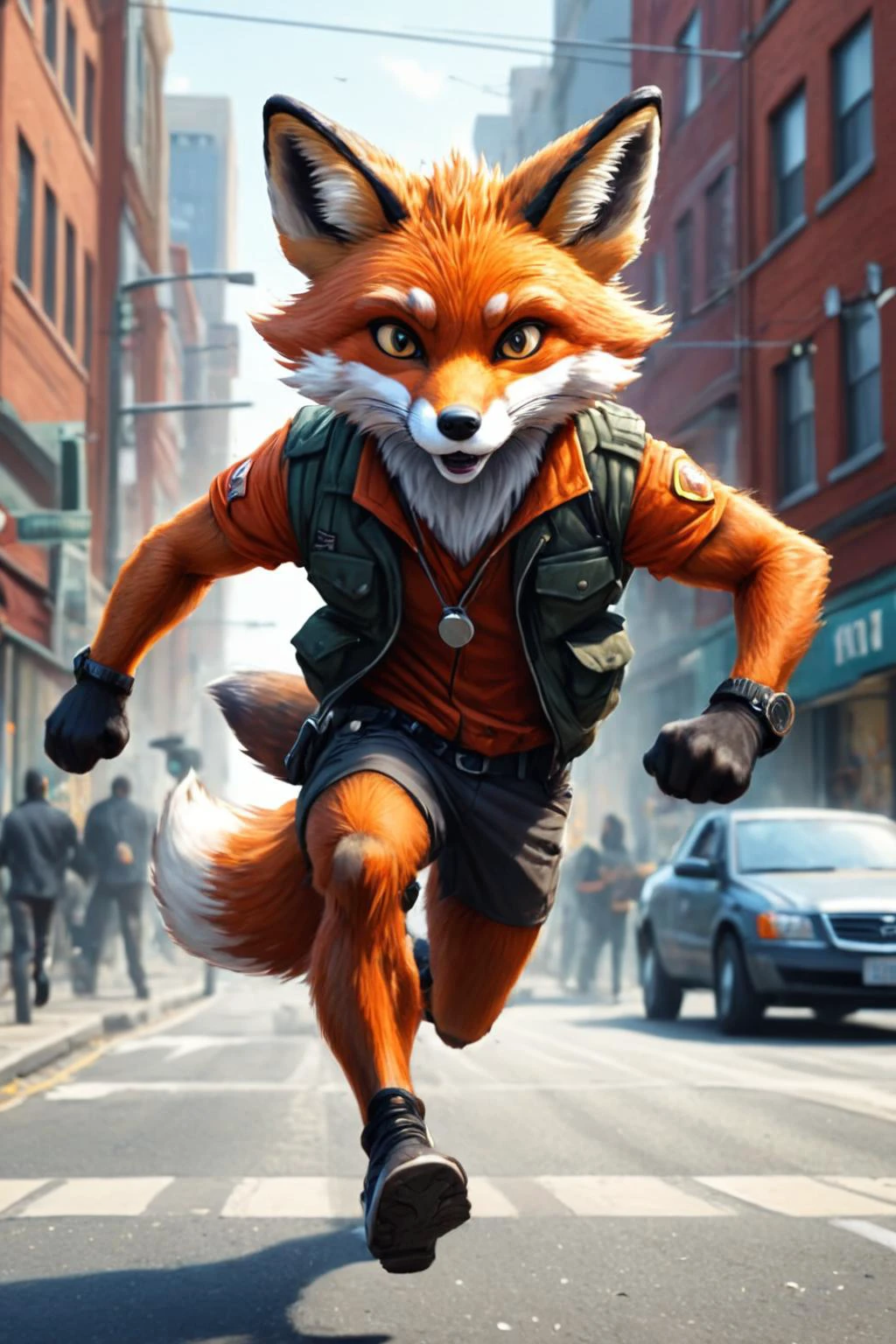 Detailed digital illustration of an anthro Fox (Running towards the camera energetically) at a Surveillance cameras on every street corner, <lora:xl_more_art-full_v1:0.5>, <lora:anthro_muscular:0.7> , <lora:madpunk:0.4> madpunk