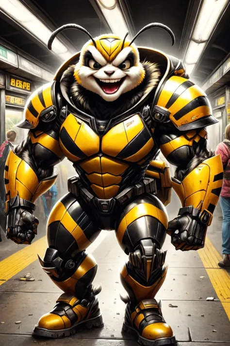 Detailed digital illustration of an anthro Bumblebee (Laughing openly, genuine happiness) at a Abandoned subway station turned black market, <lora:xl_more_art-full_v1:0.5>, <lora:anthro_muscular:0.7> , <lora:madpunk:0.4> madpunk