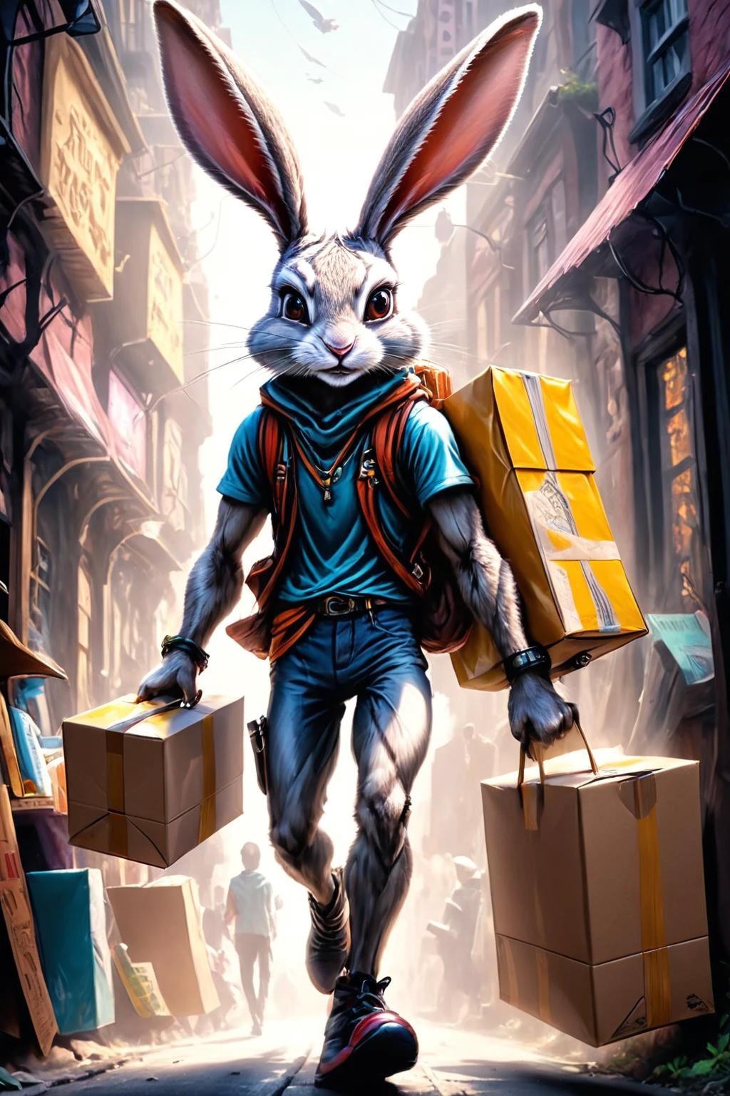 RAW photo of a skinny anthro Rabbit Teleportation courier delivering time-sensitive packages at Psychic explorers delving into dreamscapes, super detail, ultra-realism, <lora:xl_more_art-full_v1:0.3>, <lora:Angst-v1-2_SDXL:0.7> Angst, <lora:anthro_muscular:1>, <lora:fracolor:0.7> fracolor, (((female)))