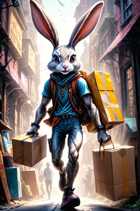 RAW photo of a skinny  anthro Rabbit Teleportation courier delivering time-sensitive packages at Psychic explorers delving into dreamscapes,  super detail, ultra-realism, <lora:xl_more_art-full_v1:0.3>, <lora:Angst-v1-2_SDXL:0.7> Angst, <lora:anthro_muscular:1>, <lora:fracolor:0.7> fracolor, (((female)))