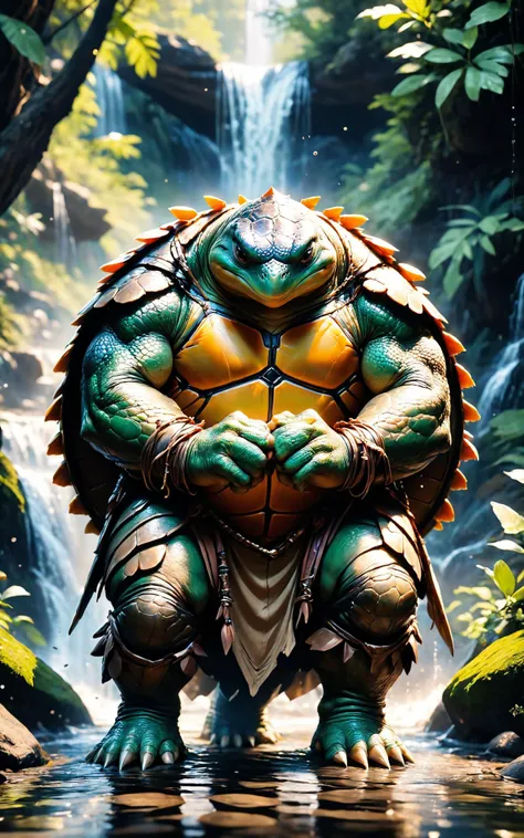 RAW photo of an anthro Turtle (Holding hands tenderly, expressing connection) at aEnchanted waterfall concealing magical entrance, super detail, ultra-realism, <lora:xl_more_art-full_v1:0.3>, <lora:anthro_muscular:0.7>, <lora:ColorART:0.7> ColorART