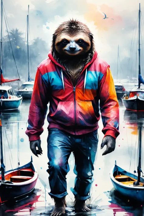RAW photo of a skinny anthro Sloth at Sailboats on a misty river harbor, super detail, ultra-realism, <lora:xl_more_art-full_v1:0.3>, <lora:gorgoeus_splash_of_vibrant_paint:0.7> Gorgeous splash of vibrant paint, <lora:anthro_muscular:0.7>, <lora:SDXLPaintSplash:0.7> colorsplash