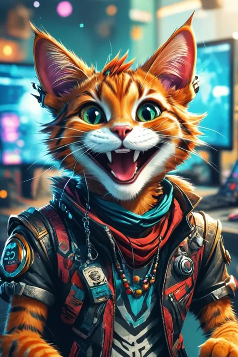 Detailed digital illustration of an anthro Cat (Laughing openly, genuine happiness) at a Cyberspace hub with virtual reality interfaces, <lora:xl_more_art-full_v1:0.5>,  <lora:anthro_muscular:0.7>,  <lora:MJ52:0.6>, <lora:madpunk:0.4> madpunk