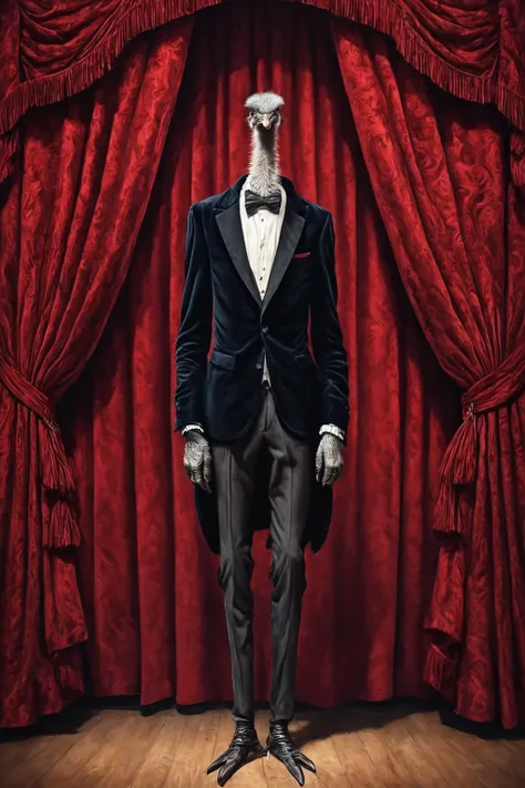 RAW photo of a skinny  anthro Ostrich at Gaslit theater with red velvet curtains,  super detail, ultra-realism, <lora:xl_more_art-full_v1:0.3>, <lora:NicolaSamori:0.7>, <lora:anthro_muscular:1>, <lora:IPXL_v8:0.7> inkpunk style