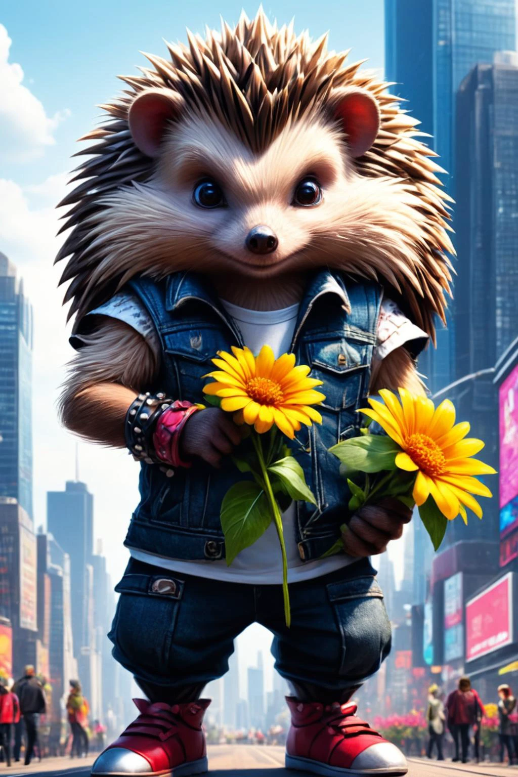 Detailed digital illustration of an anthro Hedgehog (Holding a flower delicately) at a Megacity skyline with towering advertising screens, <lora:xl_more_art-full_v1:0.5>, <lora:anthro_muscular:0.7> , <lora:madpunk:0.4> madpunk