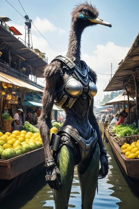 RAW photo of a skinny anthro Emu Cybernetic sniper with precision targeting systems at Floating market in airship city, super detail, ultra-realism, <lora:xl_more_art-full_v1:0.3>, <lora:NicolaSamori:0.7>, <lora:anthro_muscular:1>, <lora:PE_NeonUV Style:0.7> PENeonUV, (((female)))