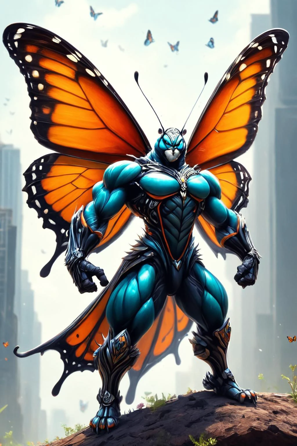 ultra-fine digital painting of a madpunk muscular <lora:anthro_muscular:0.7> anthro Monarch butterfly (Stretching arms out, open stance) at Spacefaring nomads trading exotic resources, super detail, ultra-realism, <lora:xl_more_art-full_v1:0.3>, <lora:madpunk:0.6> , <lora:fracolor:0.7> fracolor