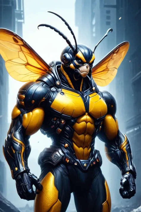 ultra-fine digital painting of a madpunk muscular  <lora:anthro_muscular:0.7> anthro Wasp (Hand on hip, asserting stance) at Inhabited asteroid belt as galactic neutral zone,  super detail, ultra-realism, <lora:xl_more_art-full_v1:0.3>,  <lora:madpunk:1> , <lora:CyberPunkAIp:0.7> cyberpunkai