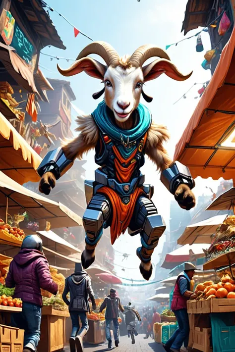 Detailed digital illustration of an anthro Goat (Jumping mid-air, expressing joy) at a Futuristic marketplace with robotic street vendors, <lora:xl_more_art-full_v1:0.5>,  <lora:anthro_muscular:0.7>,  <lora:MJ52:0.6>, <lora:madpunk:0.4> madpunk